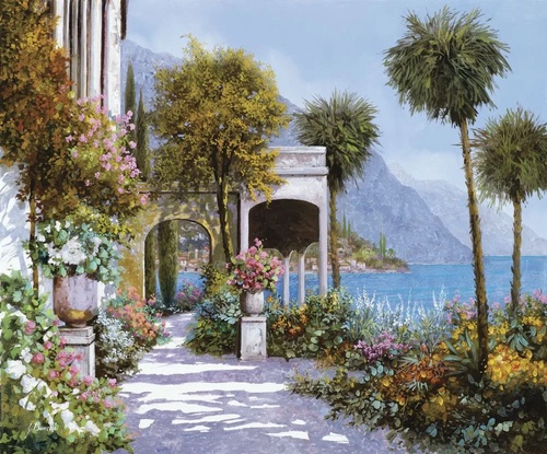 пейзаж, море, улочка, сиреневая