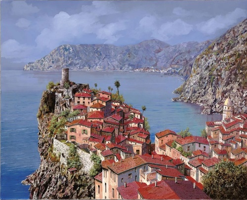 пейзаж, морской, море, красные крыши