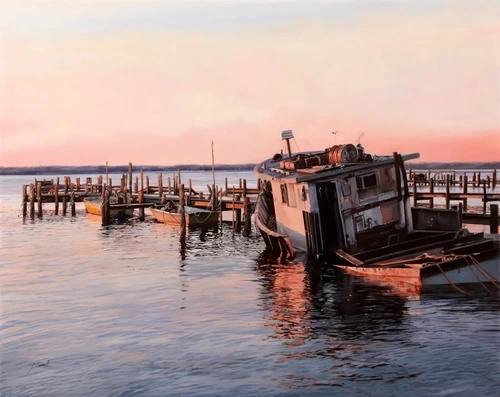 пейзаж, морской, море, закат, причал, лодки