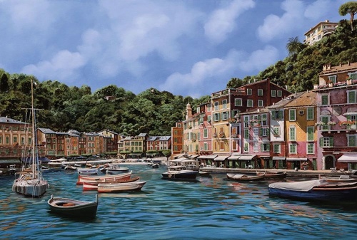 пейзаж, живопись, морской, море, причал, лодки, залив