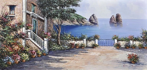 пейзаж, морской, море, дворик с цветами