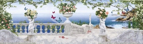 пейзаж, море, терраса, лестница, белые, с цветами