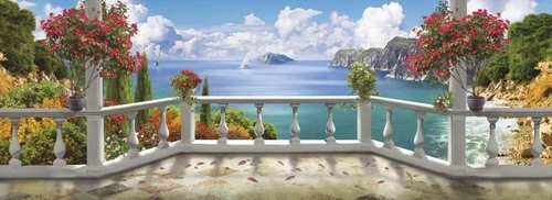 пейзаж, морской, море, небо, терраса, горы, с цветами, красно-желтая