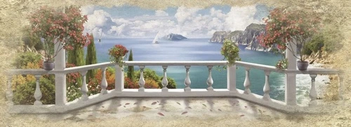 пейзаж, морской, море, небо, терраса, горы, с цветами, светлая