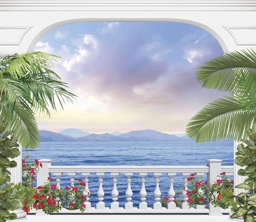 пейзаж, морской, море, небо, арка, терраса, пальмы