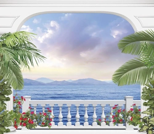 пейзаж, морской, море, небо, арка, терраса, пальмы