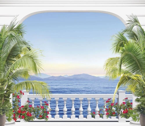 пейзаж, морской, море, терраса, арка, пальмы, закат