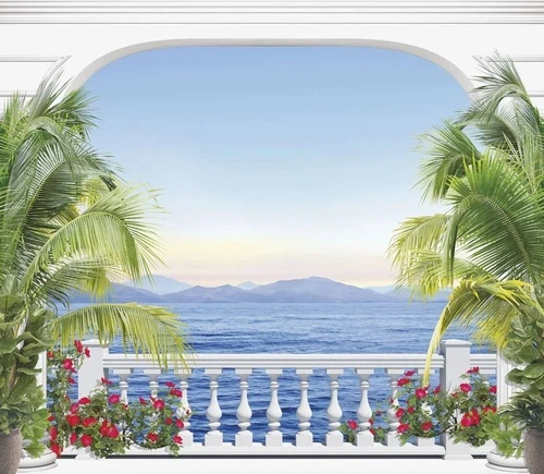 пейзаж, морской, море, терраса, арка, пальмы, закат