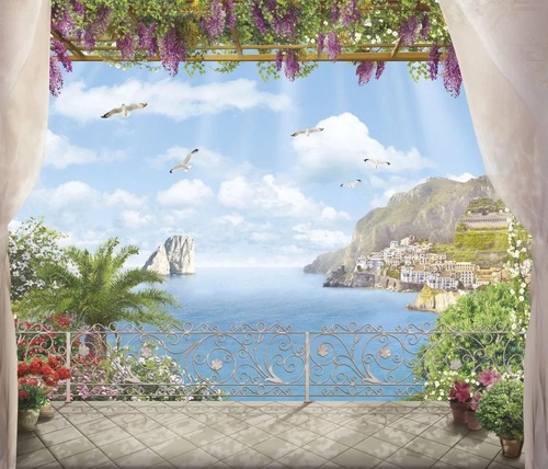 пейзаж, морской, море, небо, пальма, горы, свисающие цветы