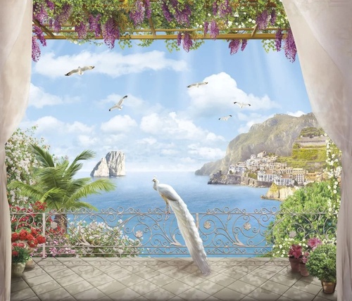 пейзаж, морской, море, горы, терраса, павлин