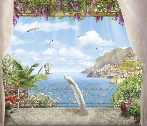 пейзаж, морской, море, горы, терраса, павлин