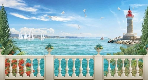 пейзаж, морской, море, терраса, парусники, бирюзовая