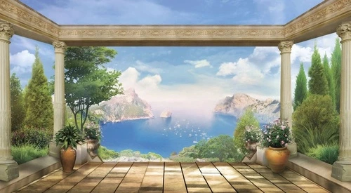 пейзаж, море, терраса, горы, вазоны