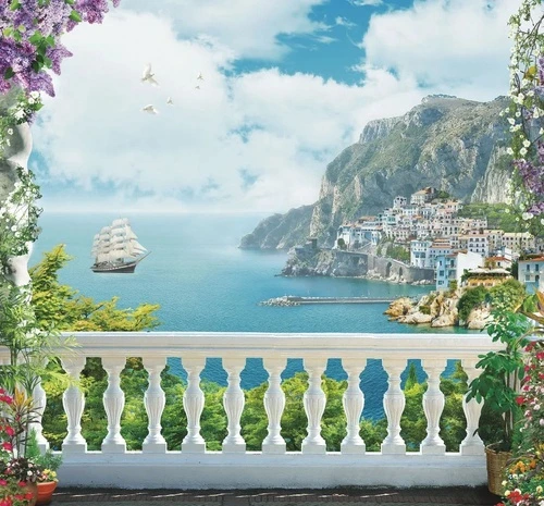 пейзаж, море, терраса, скалы, парусник