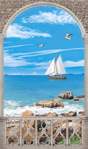 пейзаж, море, морской, арка, парусник, синий