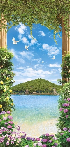 пейзаж, морской, море, арка, цветы, яркие, остров