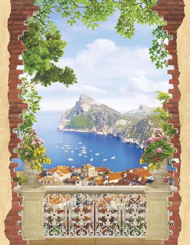 пейзаж, морской, море, горы, лодки, кирпичная стена