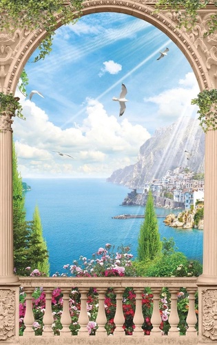 пейзаж, арка, морской, море, горы, голубая