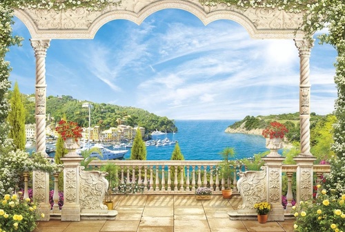 пейзаж, морской, море, небо синее, терраса, причал, цветы