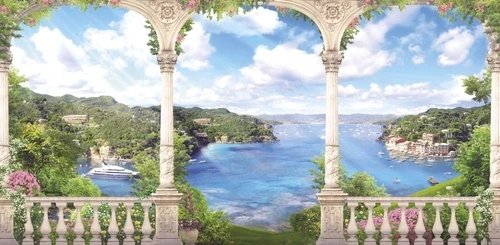 пейзаж, морской, море, терраса, колонны, залив