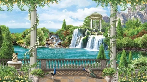 пейзаж, морской, море, терраса, колонны, водопад