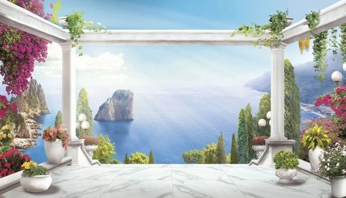 пейзаж, морской, море, терраса, колонны, небо голубое