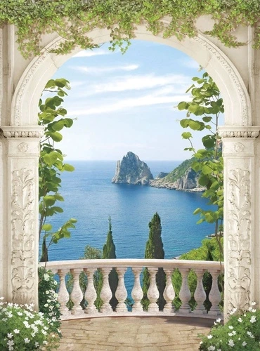 пейзаж, арка, морской, море, терраса, колонны, вертикальные