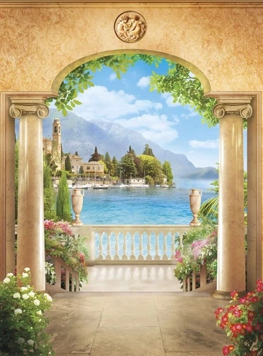 пейзаж, арка, морской, море, колонны, терраса, остров