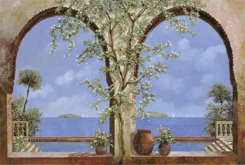 пейзаж, морской, море, арка, синий, коричневая, дерево