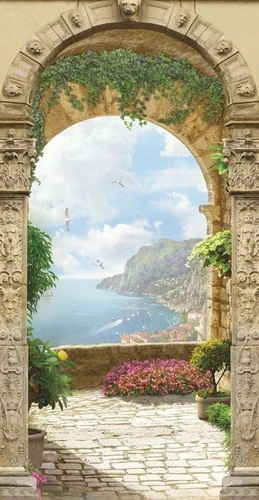 пейзаж, морской, море, арка, горы, песочная