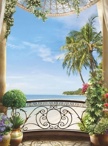 пейзаж, морской, море, терраса, пальма, небо голубое, кованые перила