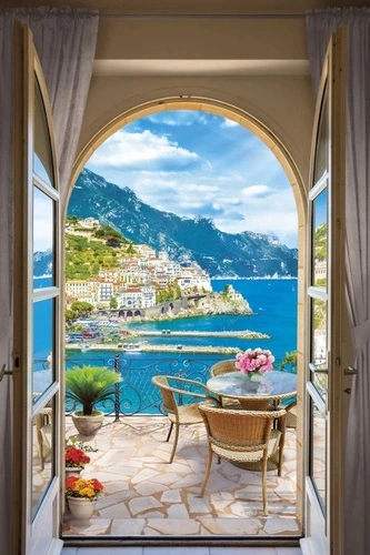 пейзаж, морской, море, терраса, столик