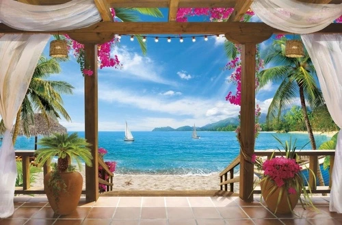 пейзаж, морской, море, терраса, колонны, бирюзовая, коричневая