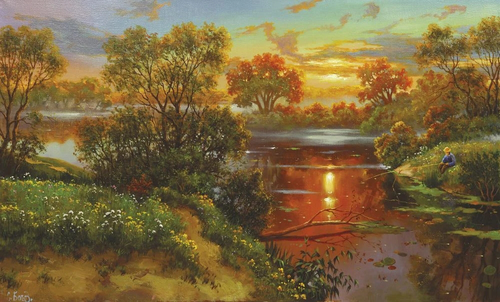 живопись, пейзаж, русский, река, осенний