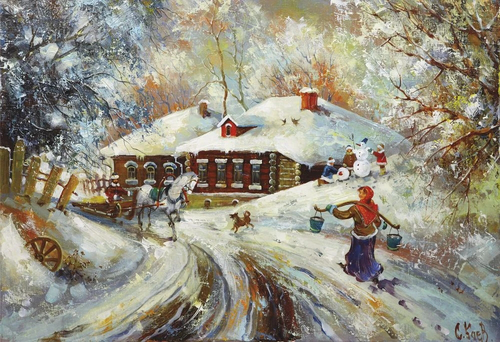 живопись, картина, пейзаж, зимний