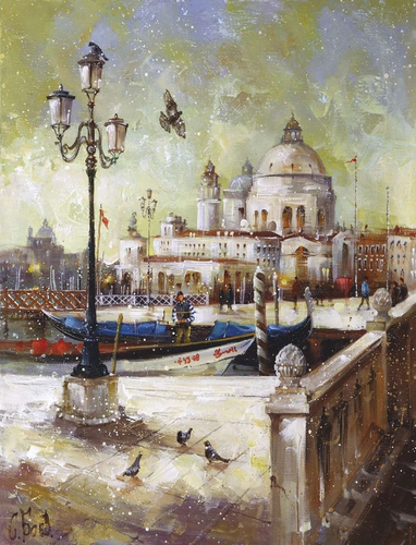 живопись, пейзаж, городской, улочки, фонарь, собор