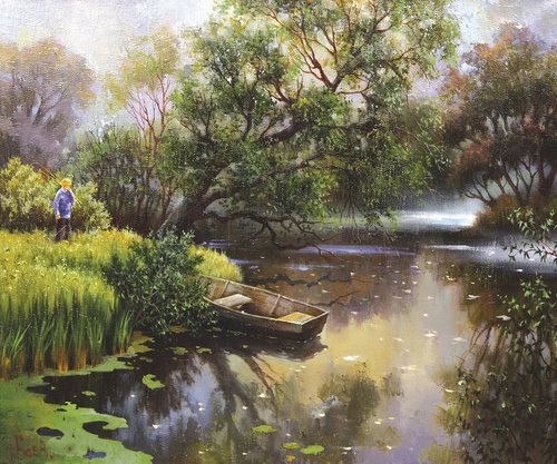 живопись, картины, пейзаж, русский, река, лодка