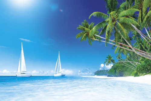 пейзаж, морской, море, парусники, пальмы