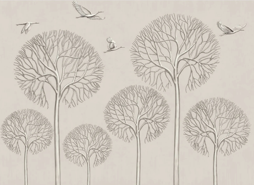 3д, графика, деревья, журавли, бежевые