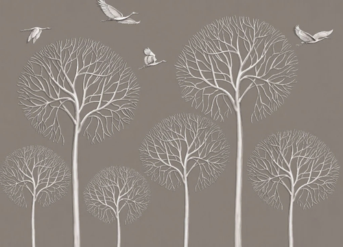 3д, графика, деревья, журавли, серо-коричневая