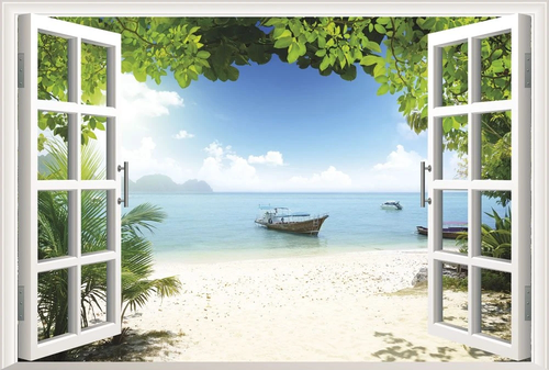 пейзаж, окно, море, берег, лодка