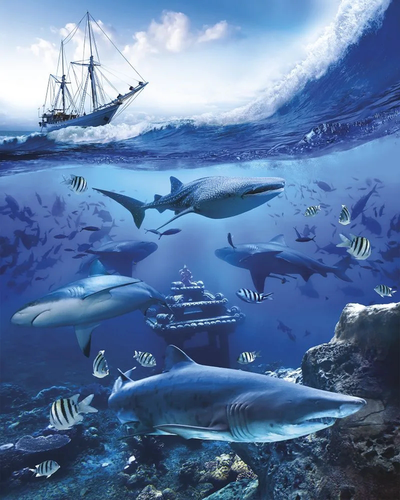 в детскую комнату, подводный мир, акулы, синий