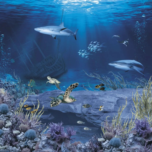 в детскую комнату, подводный мир, акулы, рыбы, синяя