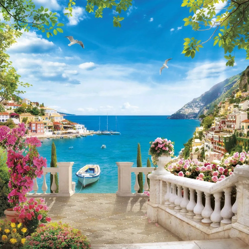 пейзаж, морской, терраса, море, ярко синий