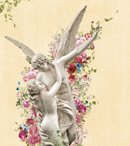 графика, барельеф, влюбленные, на желтом фоне, с цветами