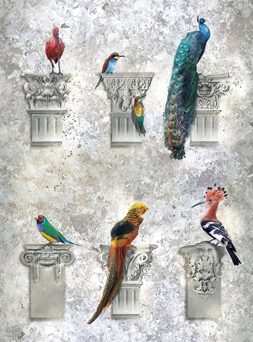 живопись, под штукатурку, птицы, серая