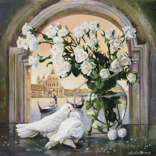 картины, живопись, розы, голуби, белые, арка