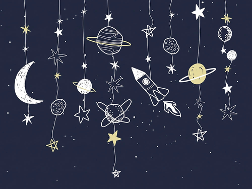 в детскую комнату, космос, ракета, месяц, на черном фоне