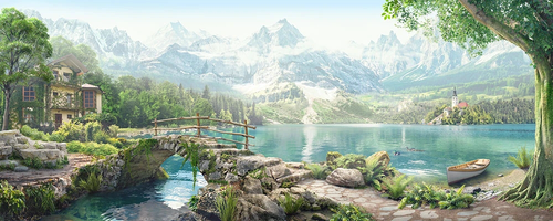 пейзаж, панорамный, озеро, горы, мостик