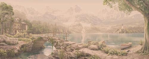 пейзаж, панорамный, горизонтальный, озеро, мостик, горы, бежевые